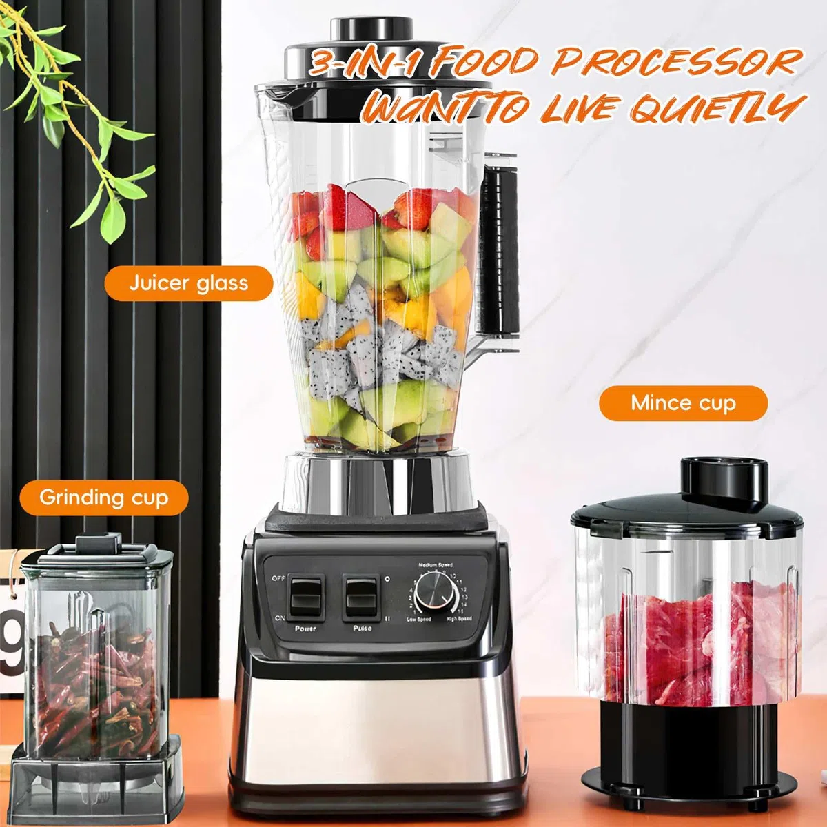 Blender Mixeur Professionnel 9500W, Blender Smoothie 3 en 1,8 Lames en Acier Inoxydable Equipé de 3 bols,15 RéGlages De Vitesse,Pour les Smoothies, les Milkshakes,les Purées