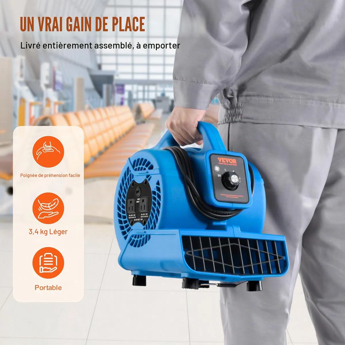 VEVOR Souffleur de Sol, 1360 TR/Min, Ventilateur de séchage Refroidissement, 17 m³/Min, sèche-Tapis Portable avec 4 Angles de soufflage, réglage à 3 Vitesses, pour Nettoyage, Maison, Usage Commercial