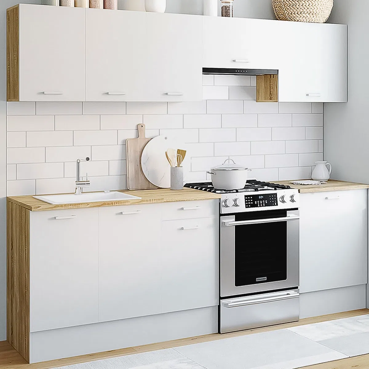 IDMarket - Cuisine complète 240 cm Subtil avec Plan de Travail 7 éléments Bois et Blanc