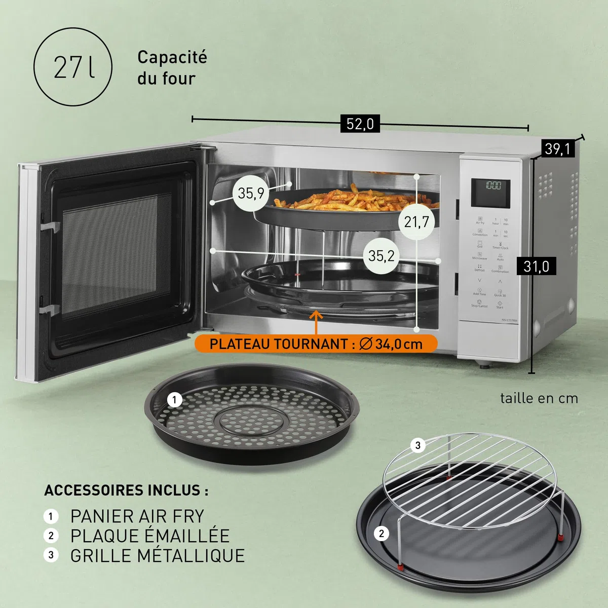 Panasonic NN-CT57RMEPG Four à Micro-Ondes combiné 4-en-1, 27 L avec mode Airfryer, Inverter 1000 W, Gril 1300 W, Chaleur Tournante, 19 Programmes Automatiques, panier de cuisson airfryer, Argenté