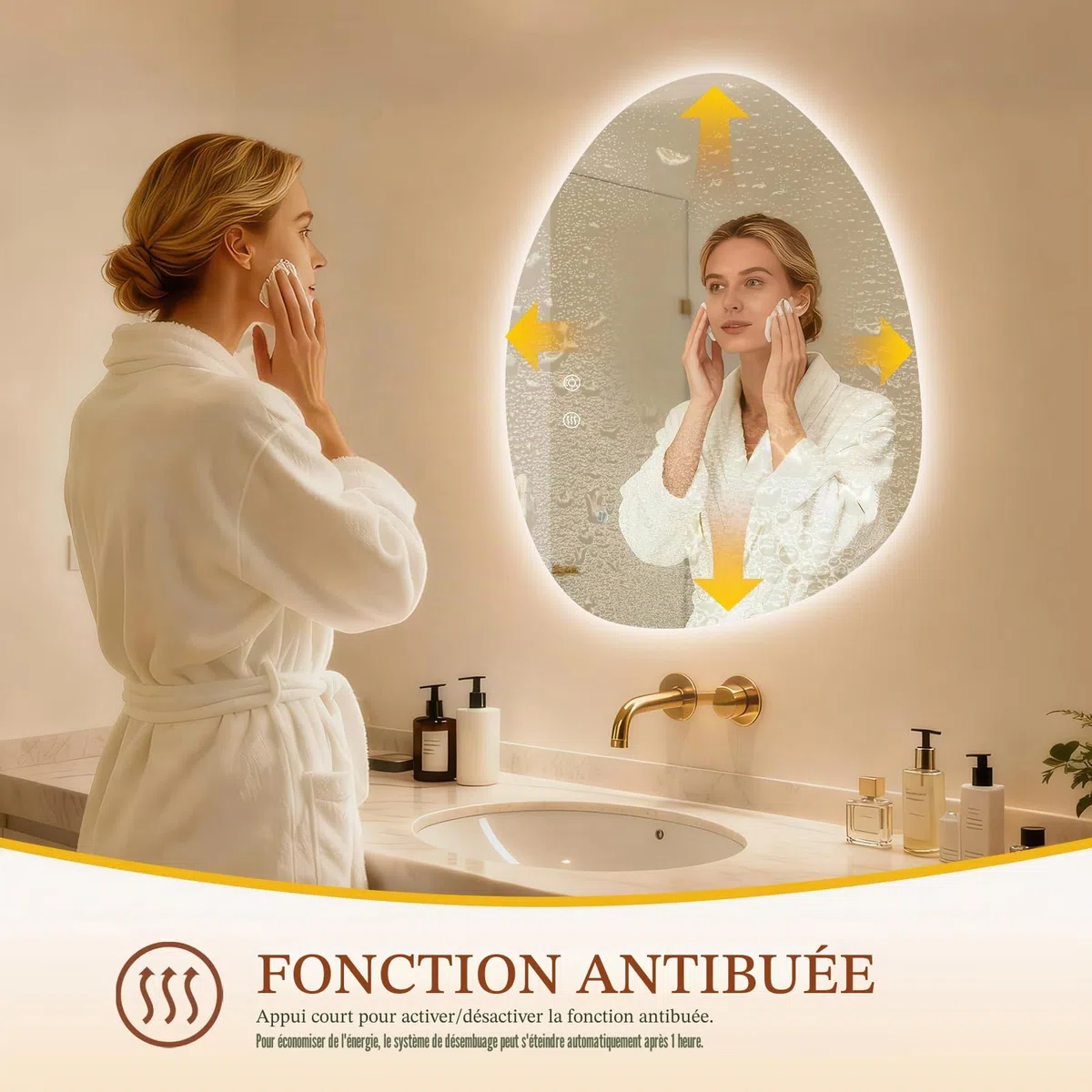 Clevich Miroir de Salle de Bain avec éclairage asymétrique 80 x 60 cm, Miroir LED avec 3 Couleurs de lumière à intensité Variable, Verre trempé, Interrupteur Tactile, Fonction mémoire, Anti-buée