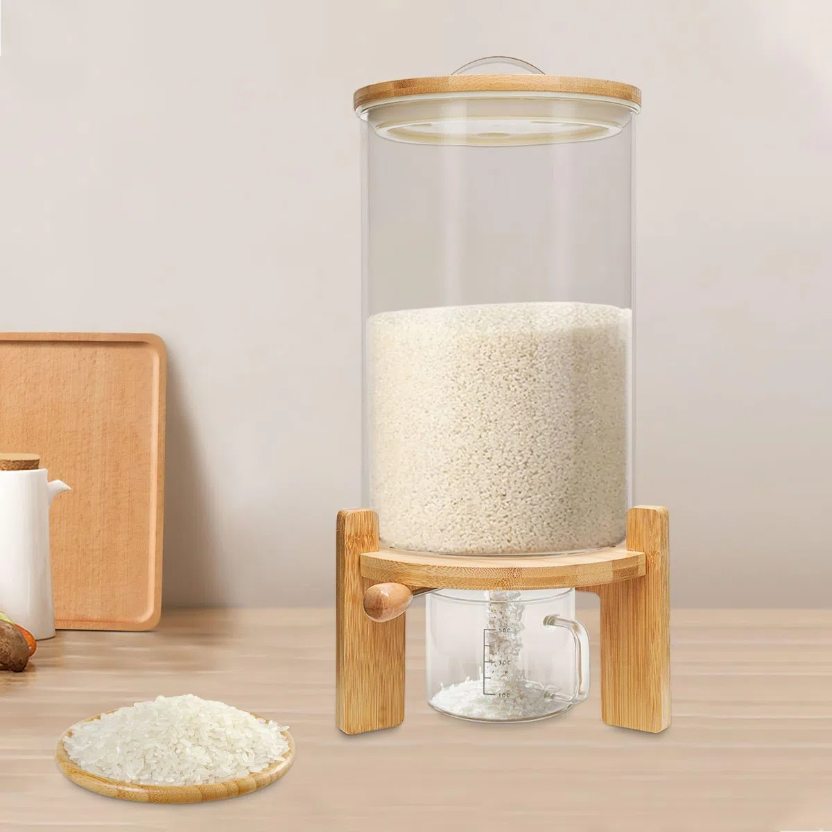 Distributeur de Riz 7,5L, Distributeur de Céréales en Verre, avec Tasse à Mesurer et Couvercle Hermétique, pour Riz, Farine, Noix, Céréale