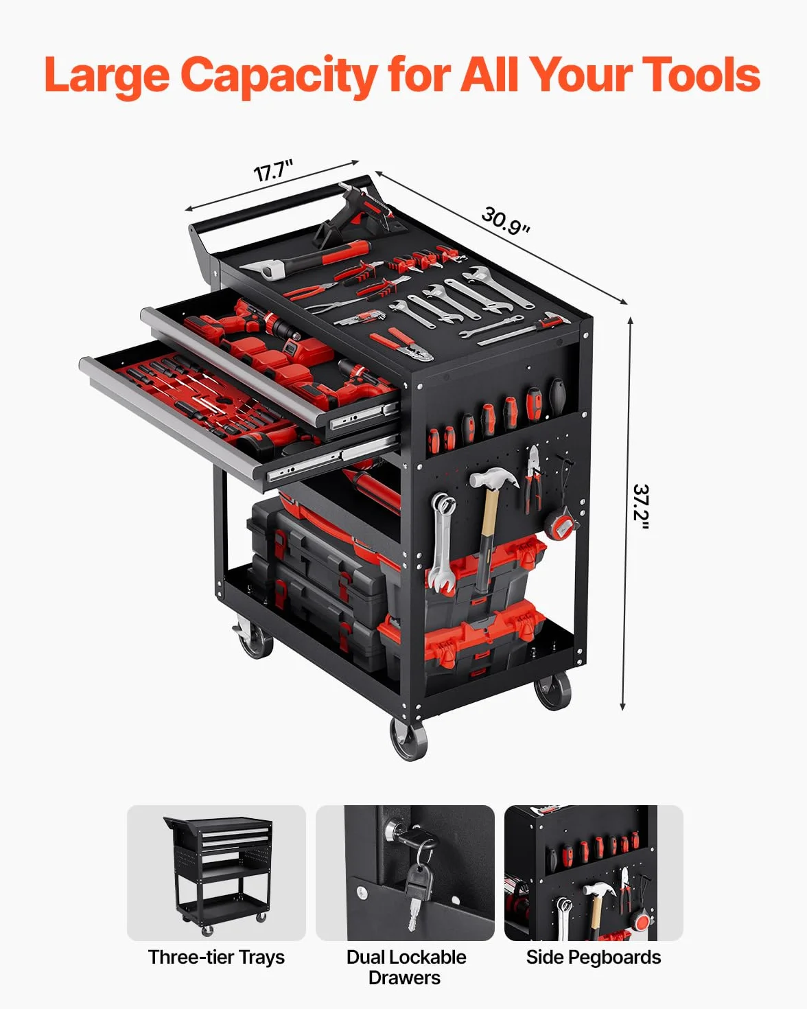 VEVOR Chariot à Outils, 5 Niveaux, Chariot Servante d'Atelier à roulettes avec 2 Tiroirs, Panneau Perforé, 181,4 kg, Rangement Outils de Mécanicien, pour Garage, Entrepôt, Atelier de Réparation, Noir