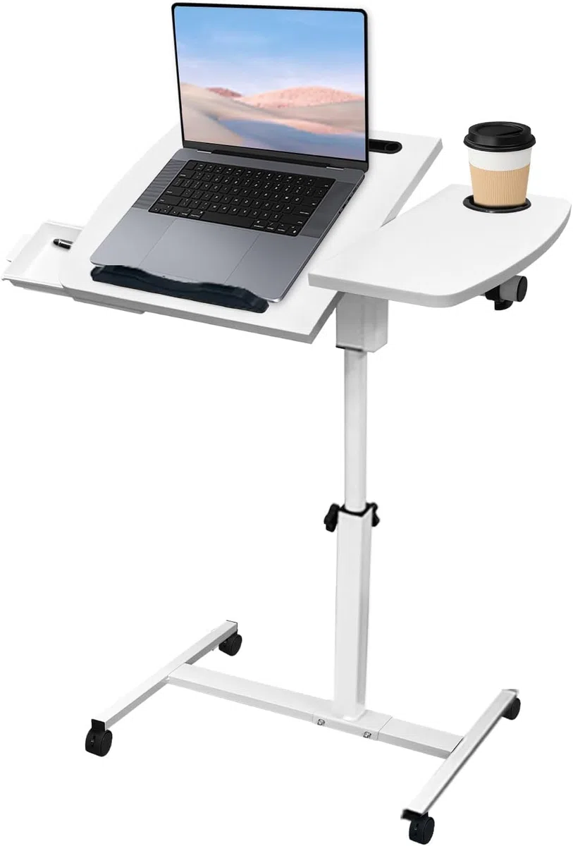 Bureau debout mobile réglable en hauteur - Petite table d'ordinateur portable avec roulettes - Pliable - Petite table de lit pour lit, canapé, bureau - Blanc