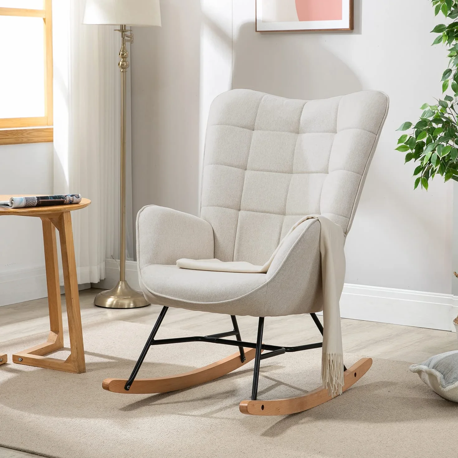 MEUBLE COSY Fauteuil à Bascule Allaitement Scandinave Chaise Loisir et Repos en Tissu avec Pieds en E' Bois Métal pour Salon, Chambre, Massif, Beige, 66x84x97cm