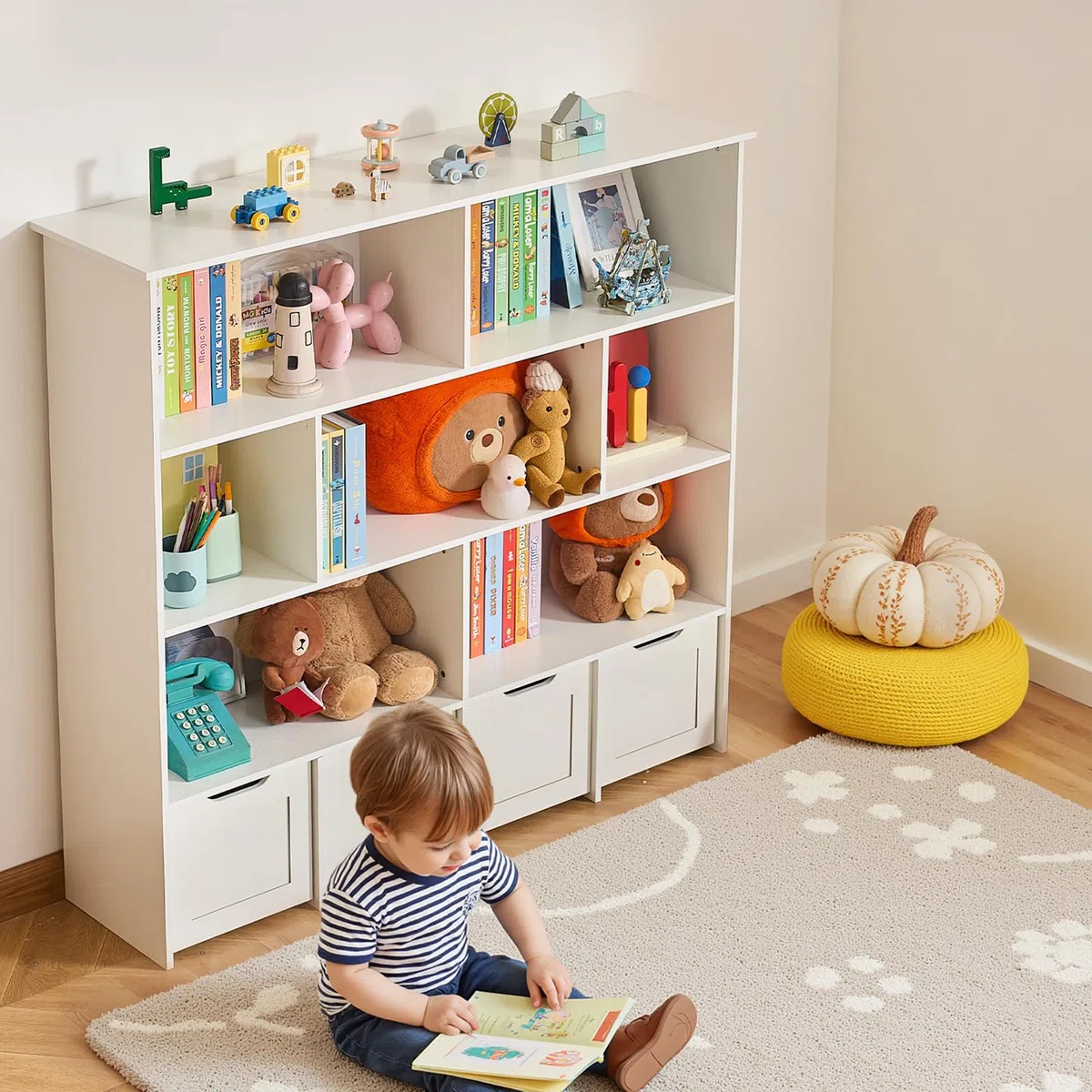 VEVOR Organisateur de Jouets en Bois, bibliothèque pour Enfants avec Rangement, Meuble de Rangement pour Jouets avec 4 tiroirs Mobiles, pour Chambre, crèche, Salon, entrée, école Maternelle, Blanc