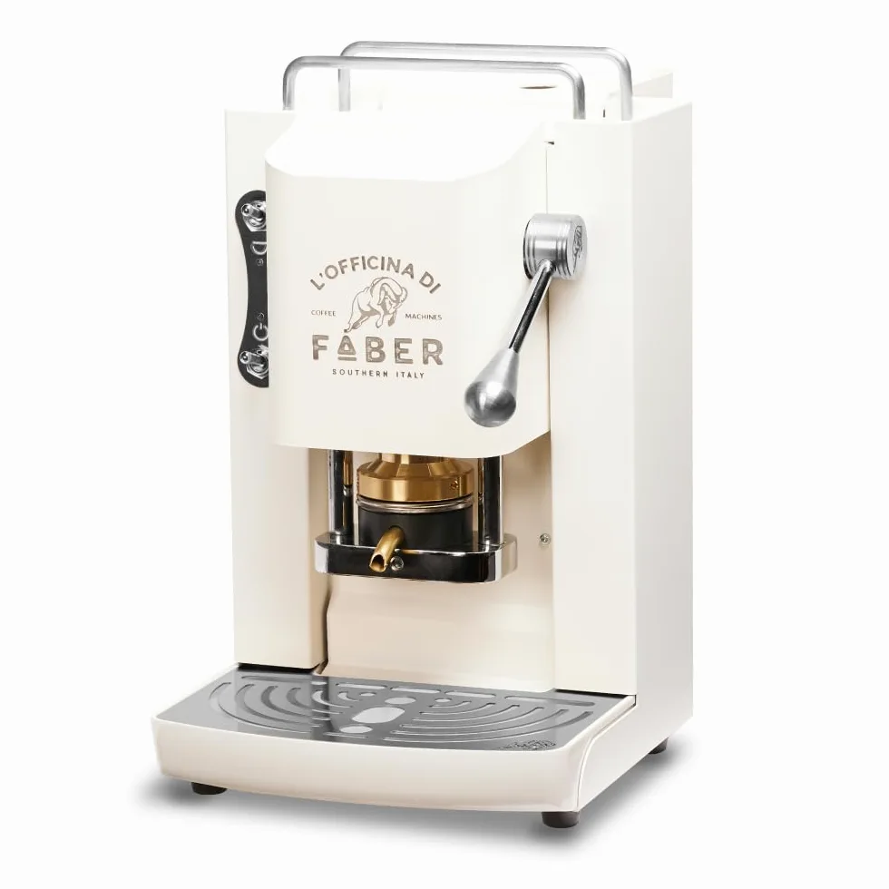 FABER COFFEE MACHINES | Modèle Pro Deluxe | Machine à café à dosettes ese 44mm | Finition Chrome | Pressacialda en laiton (Pure White)