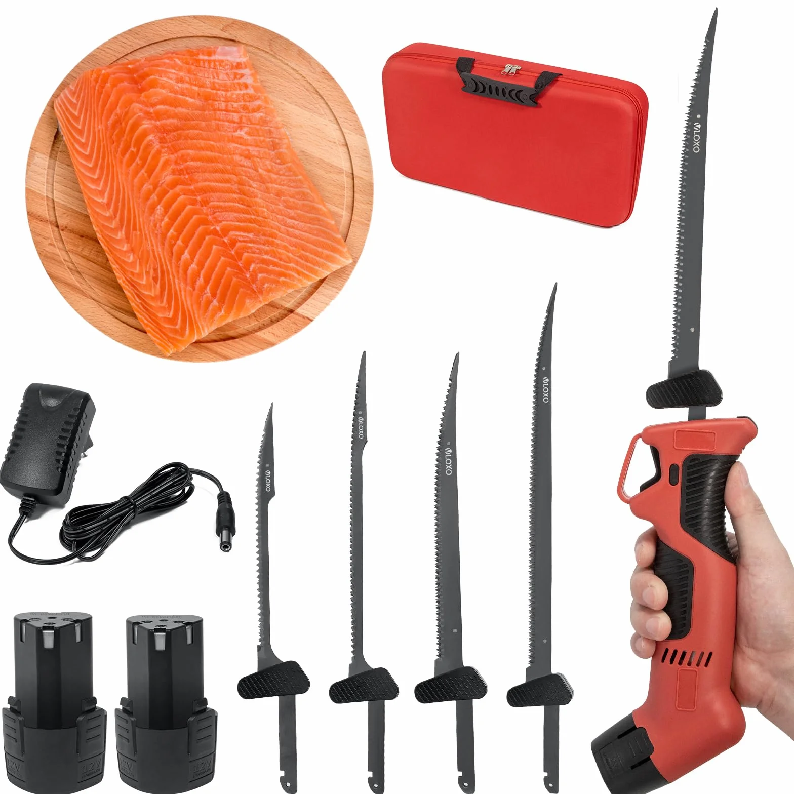 VLOXO Couteau à Filet Électrique, Couteau à Poisson Professionnel avec 4 Lames en Revêtement TiN en Acier Inoxy et Verrou de Sécurité pour Viandes, Poissons, Surgelés et Cuisine