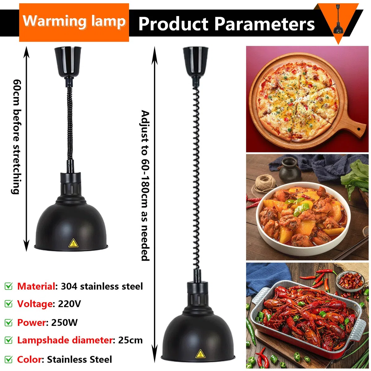 Lampe Chauffante de Cuisine Professionnelle, 250W Lampe Chauffe Plat Buffet Suspendue, Lampe de Chauffante Commercial pour Hôtels, Buffets et Pizza, Hauteur Réglable 60-180cm