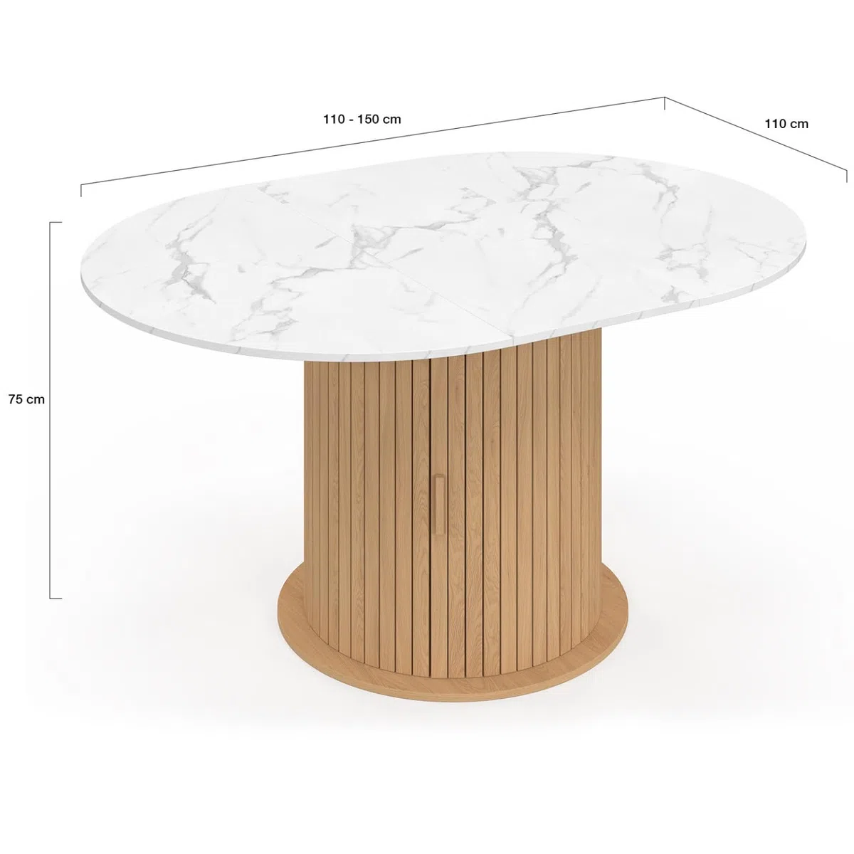 IDMarket - Table à Manger Extensible Ronde Juliette 4-8 Personnes Pied Lattes avec Rangement et Plateau Effet marbre Blanc 110-150 cm
