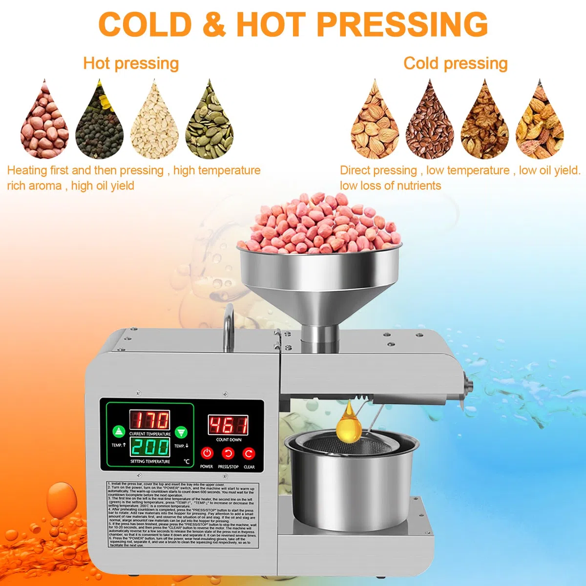 Presse à huile intelligente pour usage domestique, petite presse à huile en acier inoxydable, adaptée à l'extraction d'arachides, grande tête, graines de tournesol, graines de sésame, etc., capacité