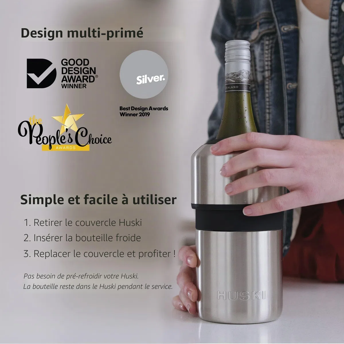 Refroidisseur à vin Huski | Design sans glace primé | Garde le vin froid jusqu'à 6 heures | Nouvel accessoire de vin | Convient à certaines bouteilles de champagne (Inoxydable)