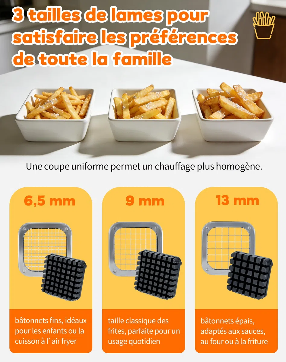 Coupe-Frites Manuel en Acier Inoxydable Coupe Frite Professionnel avec Lames 6,5 mm / 9 mm / 13 mm Coupe Pomme De Terre pour Frite Idéal pour Patates Douces Carottes Et Concombres