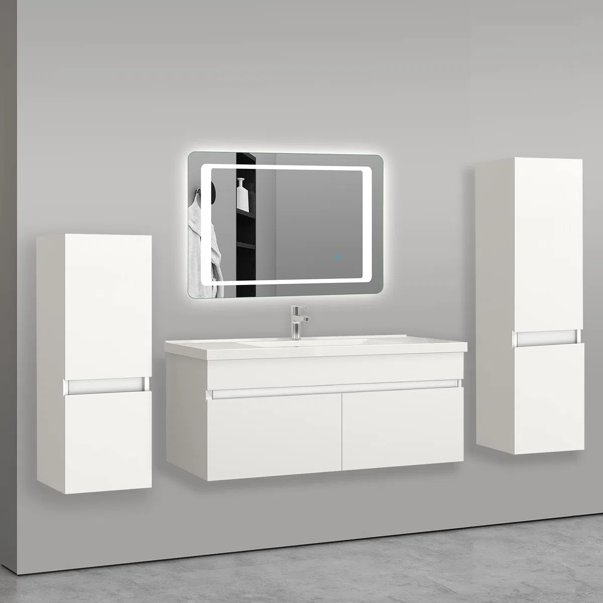 AICA sanitaire Ensemble de Meuble Salle de Bain Blanc Clair 99cm+Vasque+Miroir+Colonne Meuble Salle de Bain-Armoire de Rangement-Meubles-lavabos