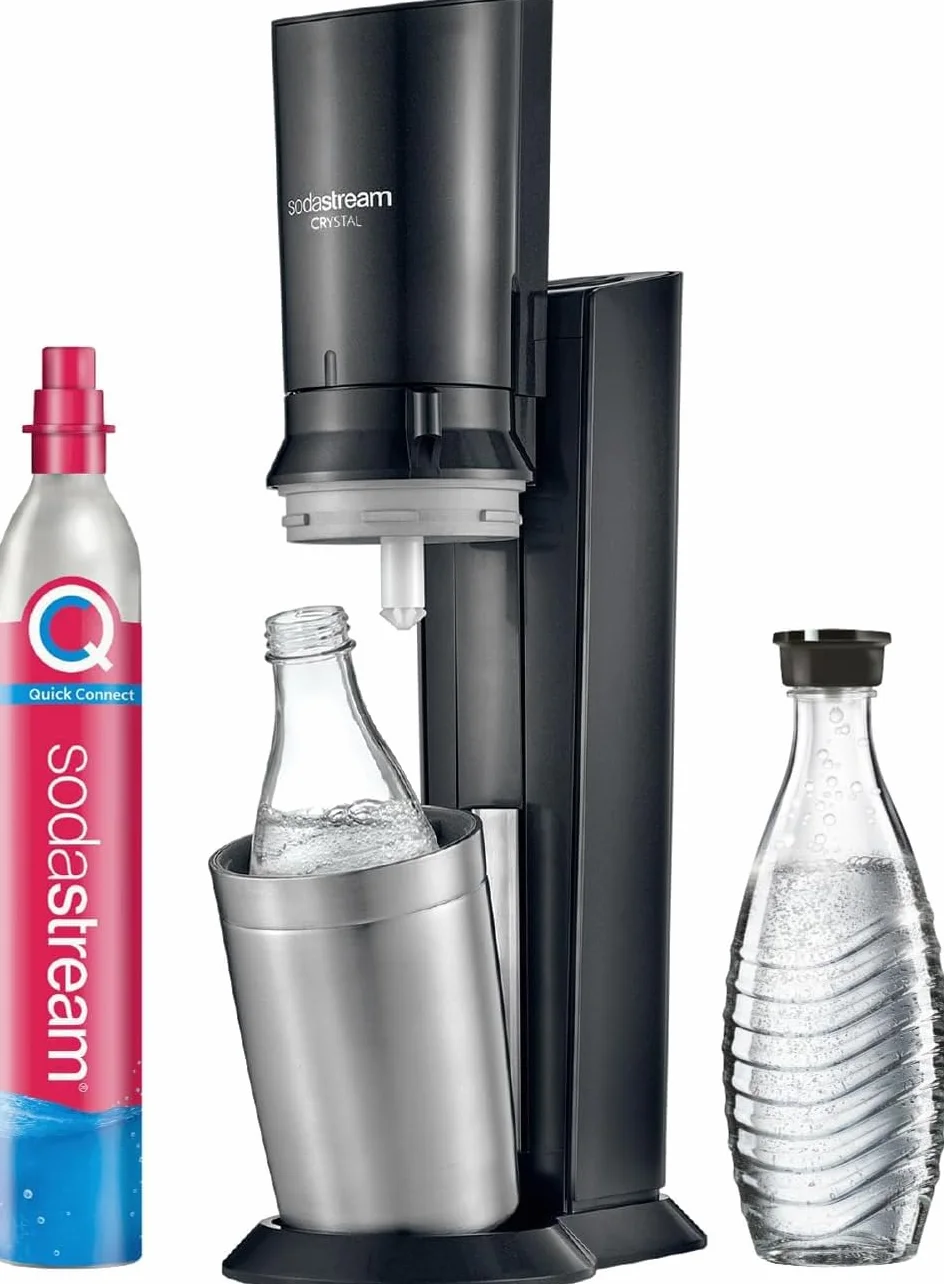 Sodastream Crystal – Machine à eau pétillante avec système CO₂ Quick Connect, cylindre de gaz 60L et 2 carafes en verre 0,7L inclus, noire