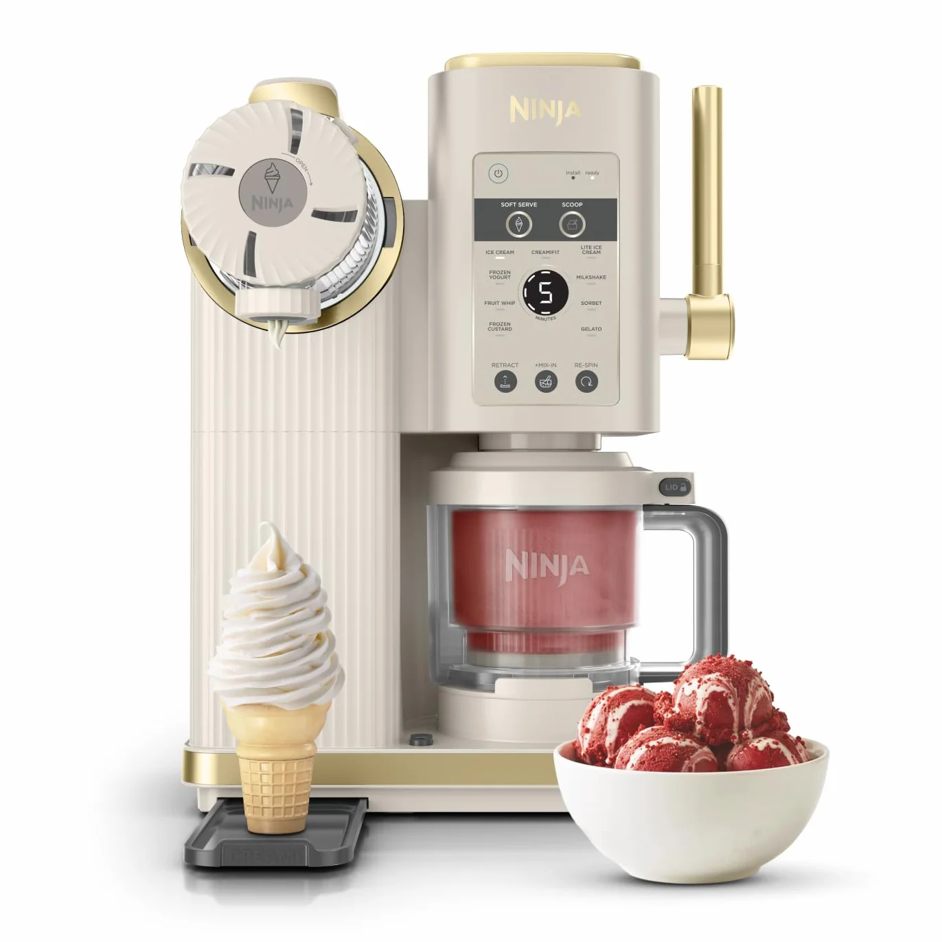 NINJA CREAMi Sorbetière Scoop and Swirl avec 2 pots, 13 modes pour réaliser crèmes glacées, glaces à l’italienne, gelatos, sorbets, milkshakes et plus, option Extra, Stone/Or NC701EUSTGD