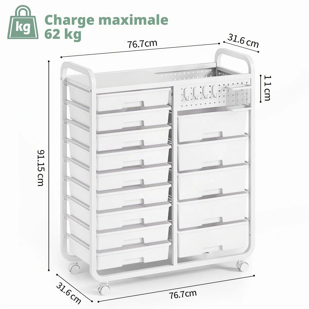 Chariot de rangement à 14 tiroirs avec plateau perforé - Chariot à roulettes pour salle de bain - Chariot à tiroirs avec roues et poignées pour atelier, bureau, cuisine - Blanc
