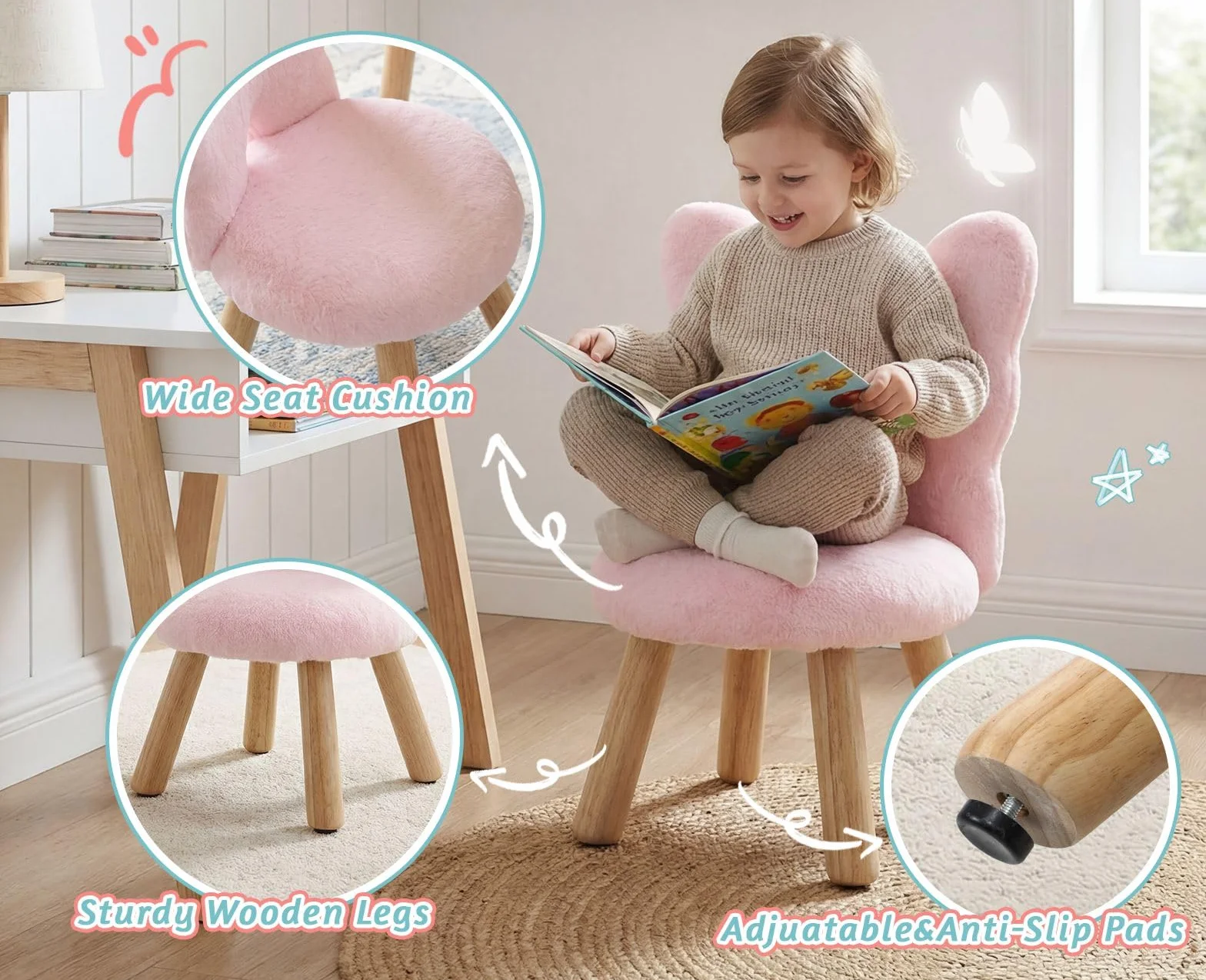 chairus Tabouret Enfant avec Dossier en Forme de Papillon, Chaise Enfant en Fausse Fourrure, Petit Tabouret Bois pour Chambre, Salon, Rose