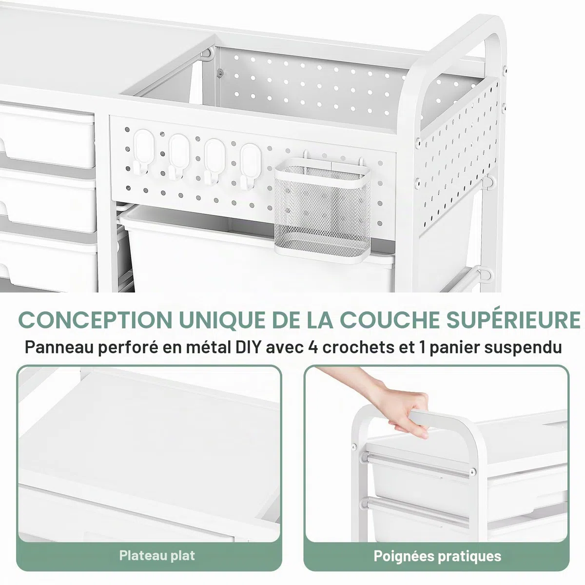Chariot de rangement à 14 tiroirs avec plateau perforé - Chariot à roulettes pour salle de bain - Chariot à tiroirs avec roues et poignées pour atelier, bureau, cuisine - Blanc