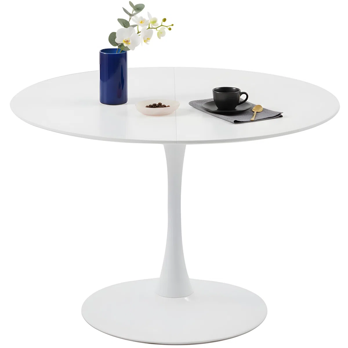 Table à Manger Ronde Blanche 110 cm, Table de Cuisine Ronde pour 4 à 6 Personnes, Style Scandinave, Pied Central Métal Stable, pour Cuisine, Salle à Manger, Salon, Bureau, Blanc