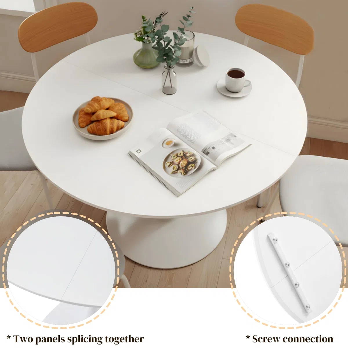 Table à Manger Ronde Blanche 110 cm, Table de Cuisine Ronde pour 4 à 6 Personnes, Style Scandinave, Pied Central Métal Stable, pour Cuisine, Salle à Manger, Salon, Bureau, Blanc