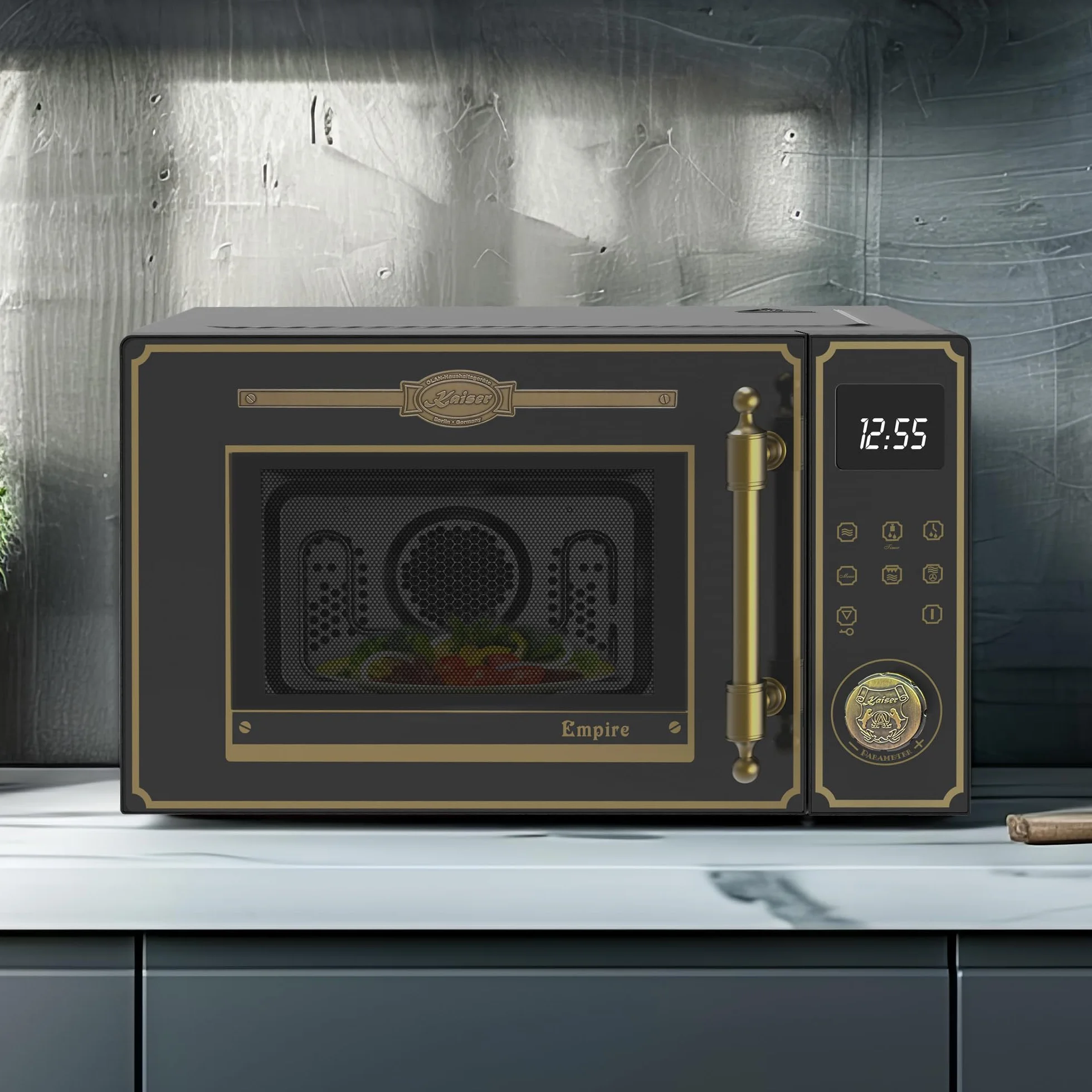 Kaiser Empire M 2530 Four micro-ondes rétro noir 25 l 1200 W barbecue 2200 W chaleur tournant FullTouch verre métal