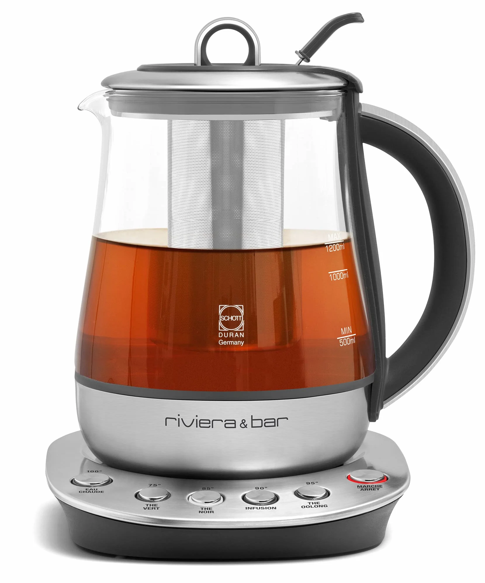 riviera&bar Théière Bouilloire à Température Réglable - Idéale pour Infusions et Thés Verts, Noirs, Oolongs, Maintien au Chaud, Signal Sonore Désactivable - Verre Trempé et Inox