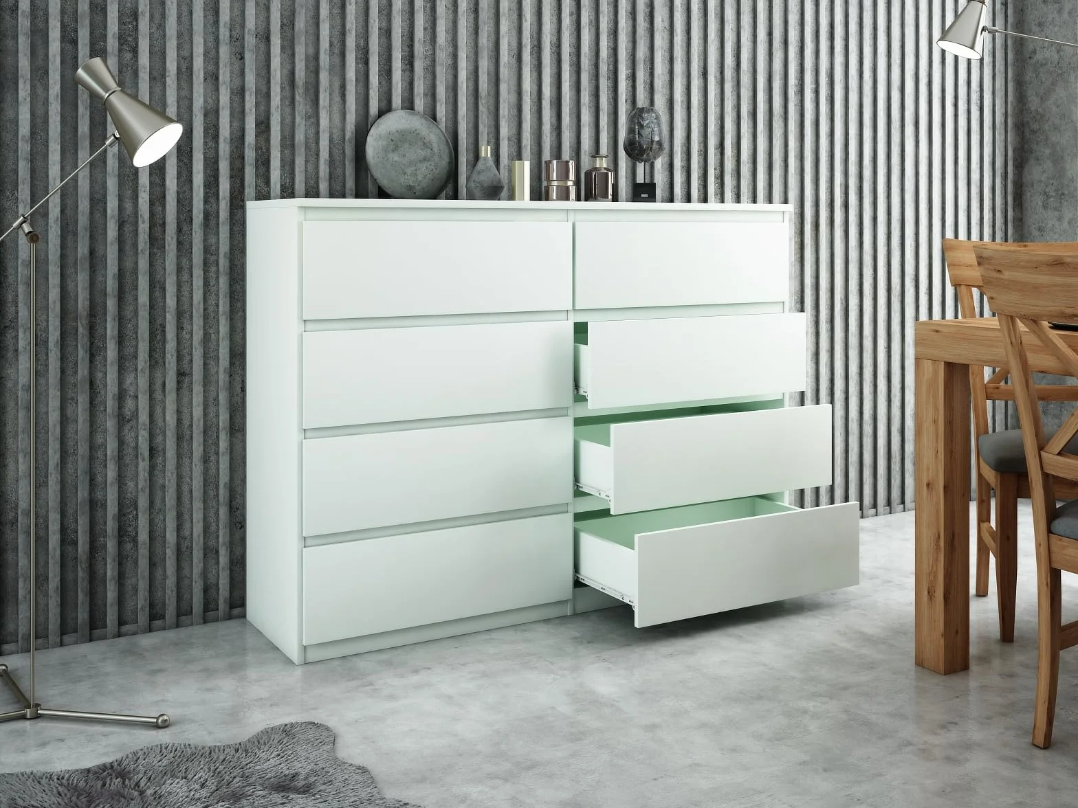 meble masztalerz Commode Chambre avec 8 Tiroirs - Meuble de Rangement pour Salon et Entrée Couloir - Spacieuse et Design - Blanc - 120x101,5x39 cm