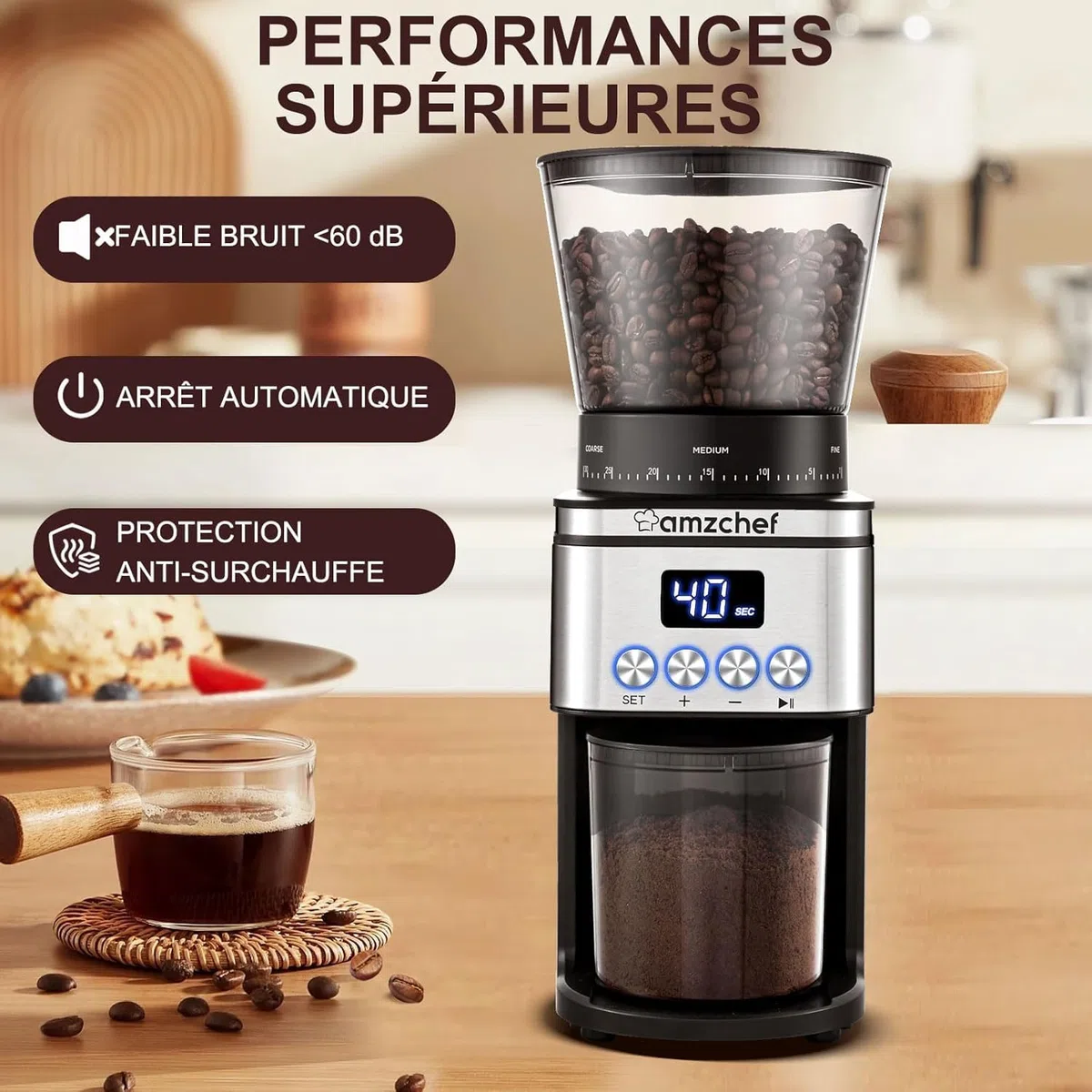 AMZCHEF Moulin à Café Electrique 160 W | 30 Réglages de mouture grossière à fine | 1-12 Tasses ou jusqu'à 40 secondes | Capacité de 300 g | Moulin a cafe en écran LCD et Minuterie Numérique | Argent