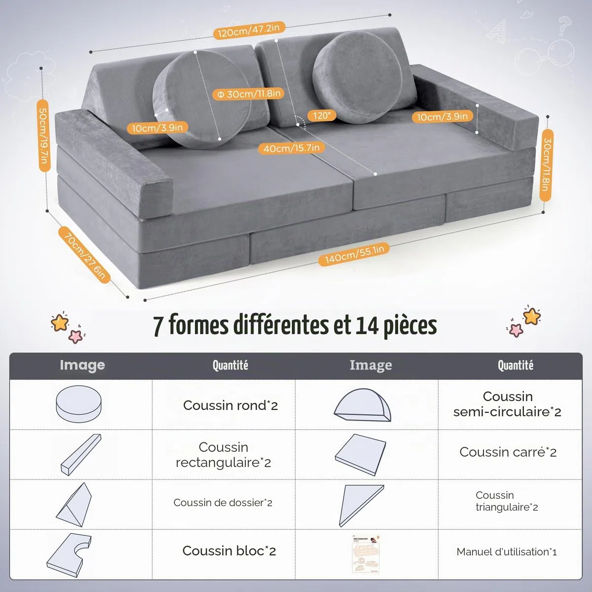 Canapé pour Enfants, canapé pour Enfants avec Blocs de Mousse, canapé modulable Pliable Multi-Styles, pour Espace de Couchage et Salle de Jeux pour Enfants (Gris-14pcs)