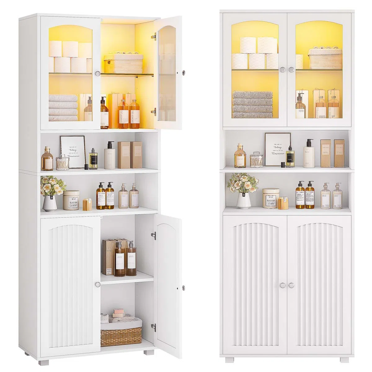 Meuble Colonne Salle de Bain avec Éclairage LED, Armoire de Rangement avec 2 Étagères Réglables, 2 Porte en Verre, Gain de Place, Armoire Haute pour Salon Cuisine, 60 x 29.5 x 179 cm, Blanc