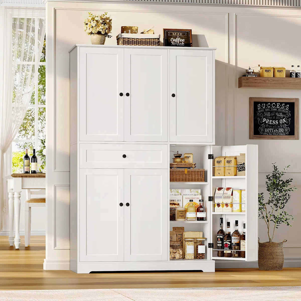 HOSTACK Armoire de Rangement Haute de 172 cm pour Cuisine et Garde-Manger, Meuble de Cuisine Moderne avec Portes et Étagères, Garde-Manger Autoportant avec Grand Tiroir de Rangement pour Salle à