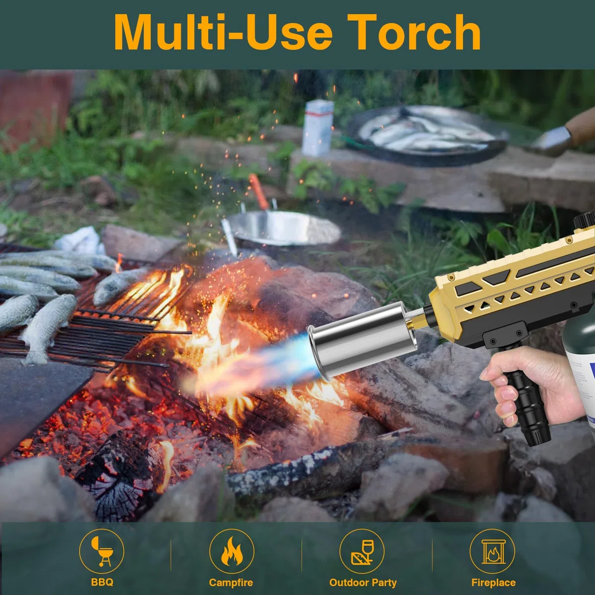 Sondiko Chalumeau de cuisine puissant au propane, briquet de cuisine pour démarrer un feu de camp, brûleur de désherbage réglable pour saisir du steak, barbecue, soudage (Or & Noir) Réservoir de