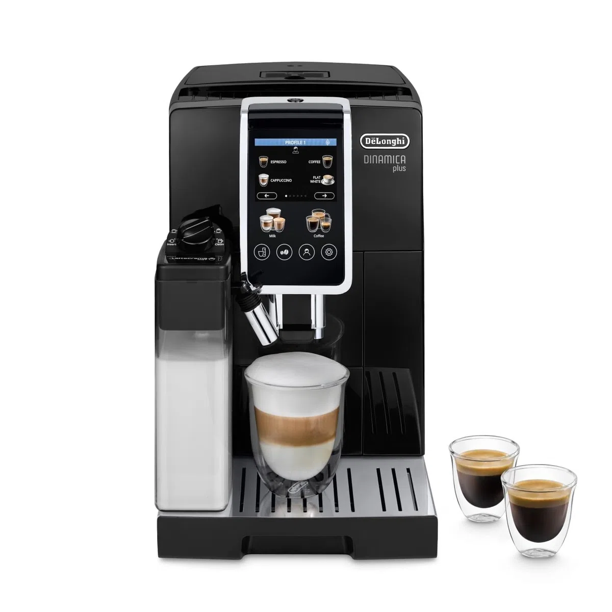 De'Longhi Dinamica Plus ECAM382.70.B, Machine Automatique à Café en Grains, Cafetière avec Technologie LatteCrema, Machine Espresso avec 18 Recettes, Écran TFT 3,5", 1450W, Noir