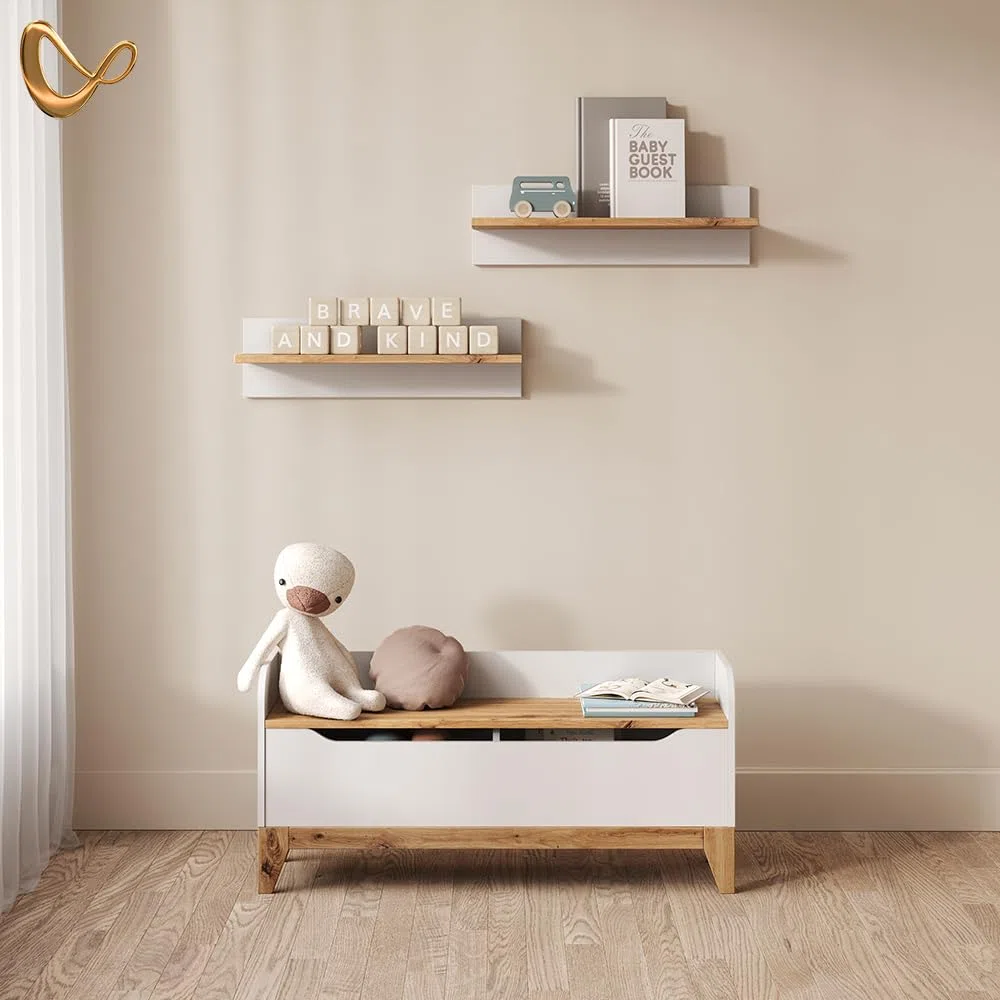 Livinity Coffre à Jouets Mailo, Blanc/Artisan, 107.2x50cm avec Banc