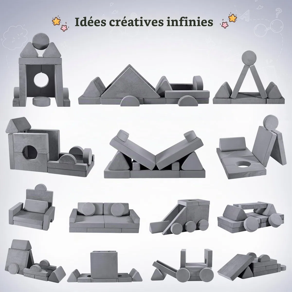 Canapé pour Enfants, canapé pour Enfants avec Blocs de Mousse, canapé modulable Pliable Multi-Styles, pour Espace de Couchage et Salle de Jeux pour Enfants (Gris-14pcs)
