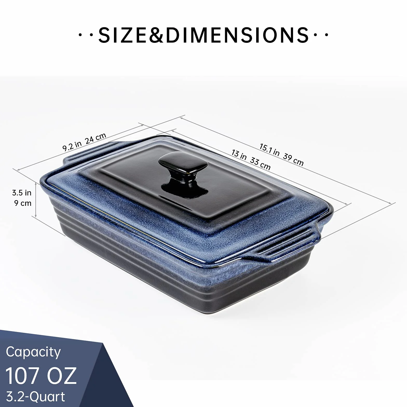 UNICASA Plat à Rôtir Céramique avec Couvercle, Cocotte Rectangulaire Bleu 3000 ML, Moule Passe au Four à Micro-Ondes - Glaçure Réactive, Bleu - 3 L