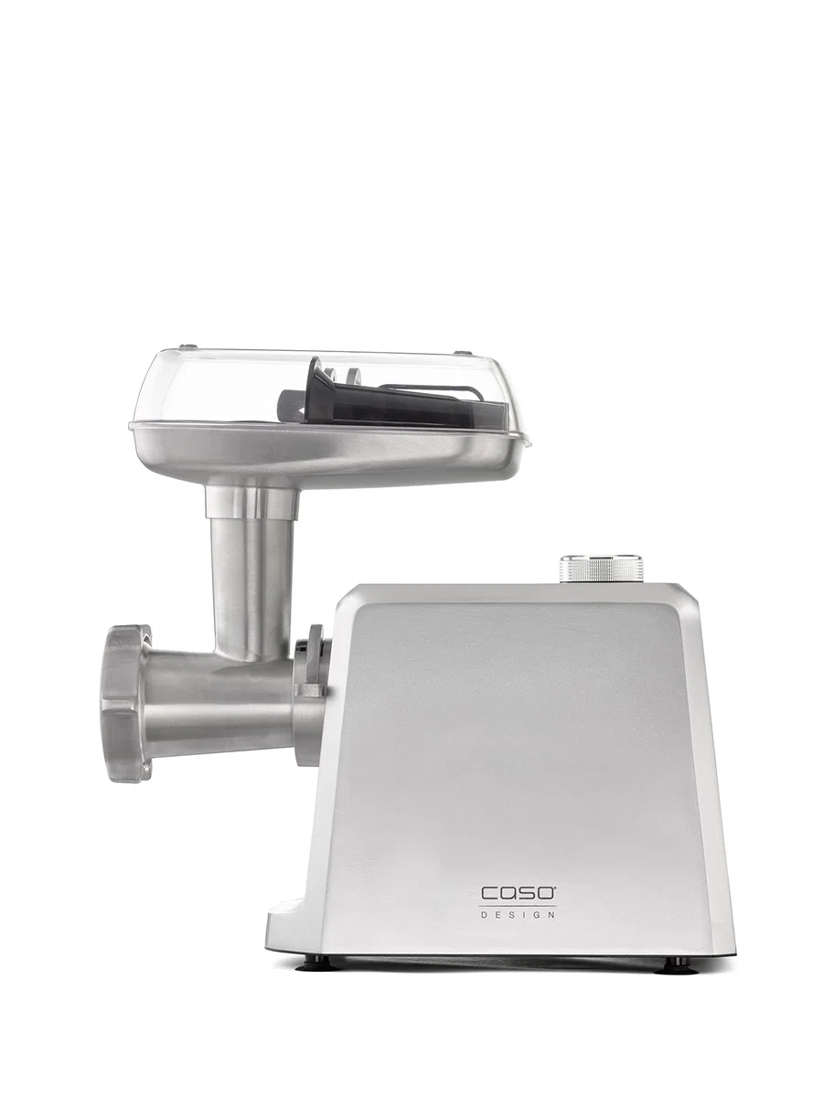 CASO FW 2500 – Hachoir à viande électrique professionnel, 2 500 W, fonction marche avant et arrière, 2,5kg/min, accessoire à saucisses, 3 grilles en inox (3, 5 et 8 mm), corps en aluminium, argent