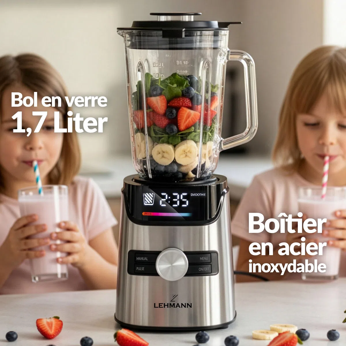 LEHMANN Blender avec Bol en Verre 1,7 L, 10 Vitesse Ajustable, Pulse et 3 Programmes - Smoothie, Milkshake, Glace Pilée, Nettoyage Facile, Bouteille Blend & Go et Moulin sans BPA, 1400 W, Argent