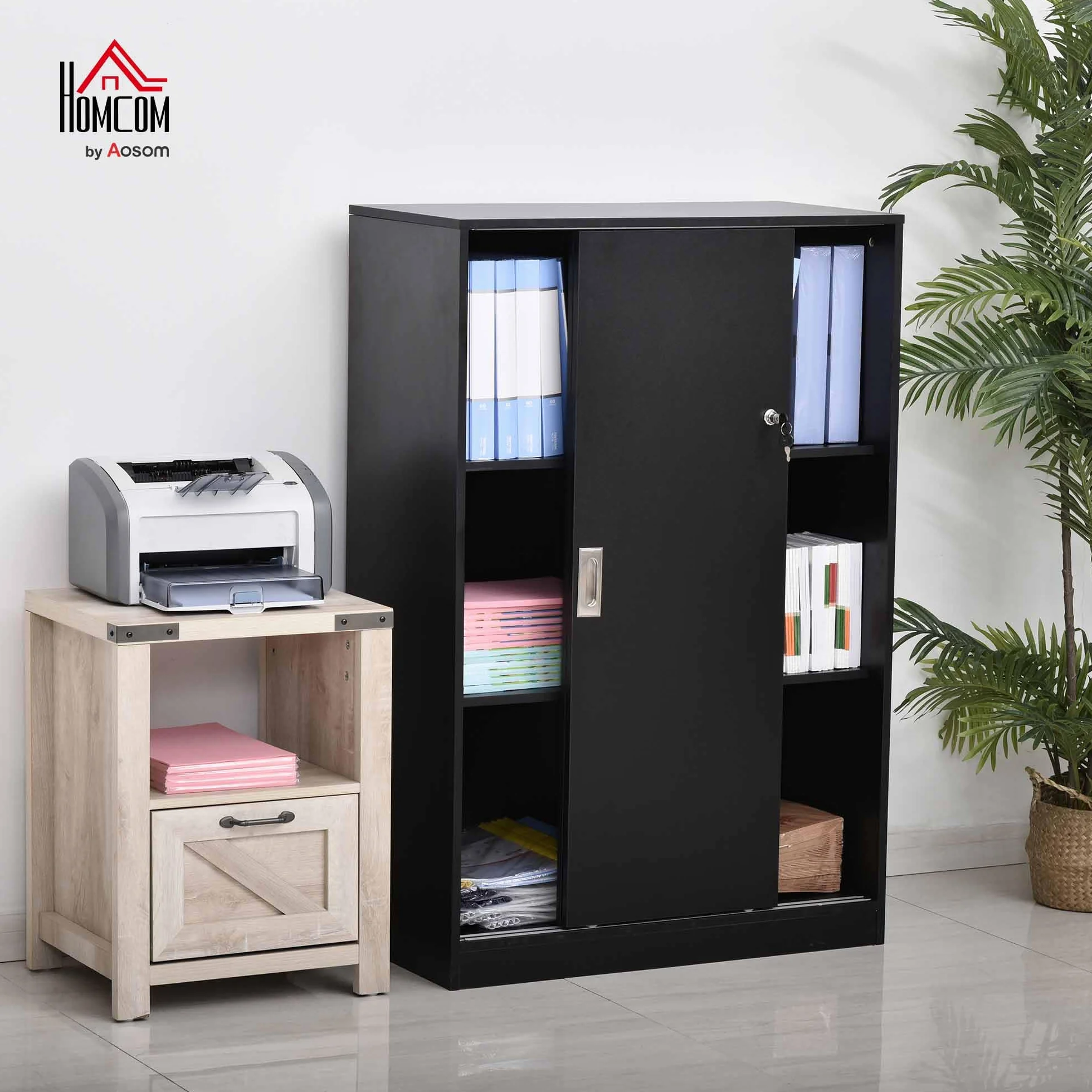 HOMCOM Armoire de Bureau 2 Portes coulissantes verrouillables dim. 80L x 40l x 120H cm 2 étagères Panneaux Particules Noir