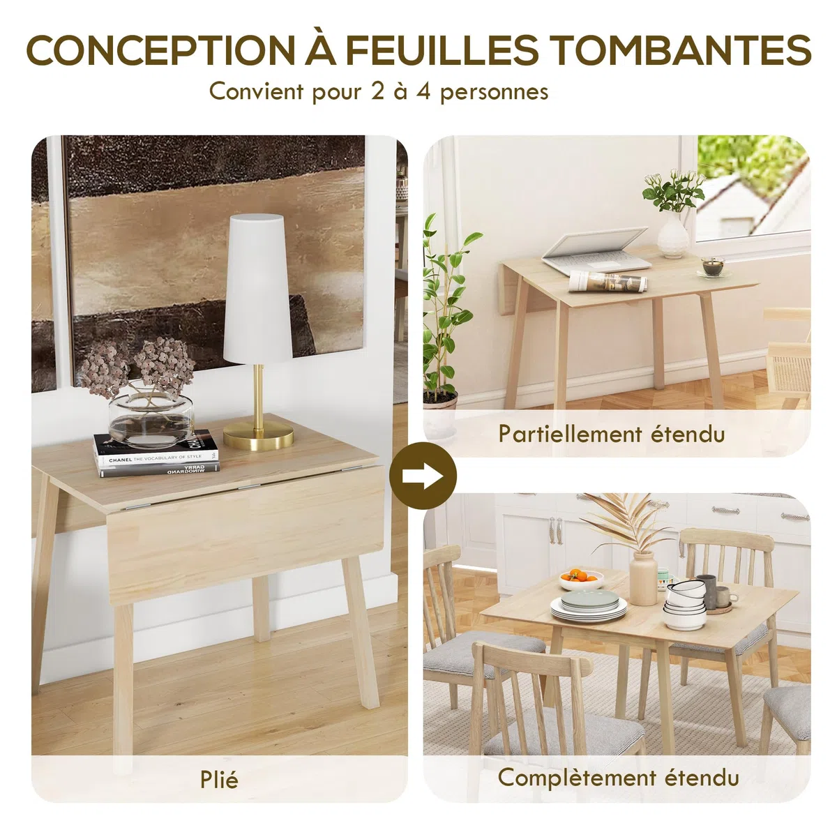 HOMCOM Table de Cuisine Pliable Table à Manger Pliante avec Plateau Rabattable en Bois pour 2 à 4 Personnes, Bois Naturel