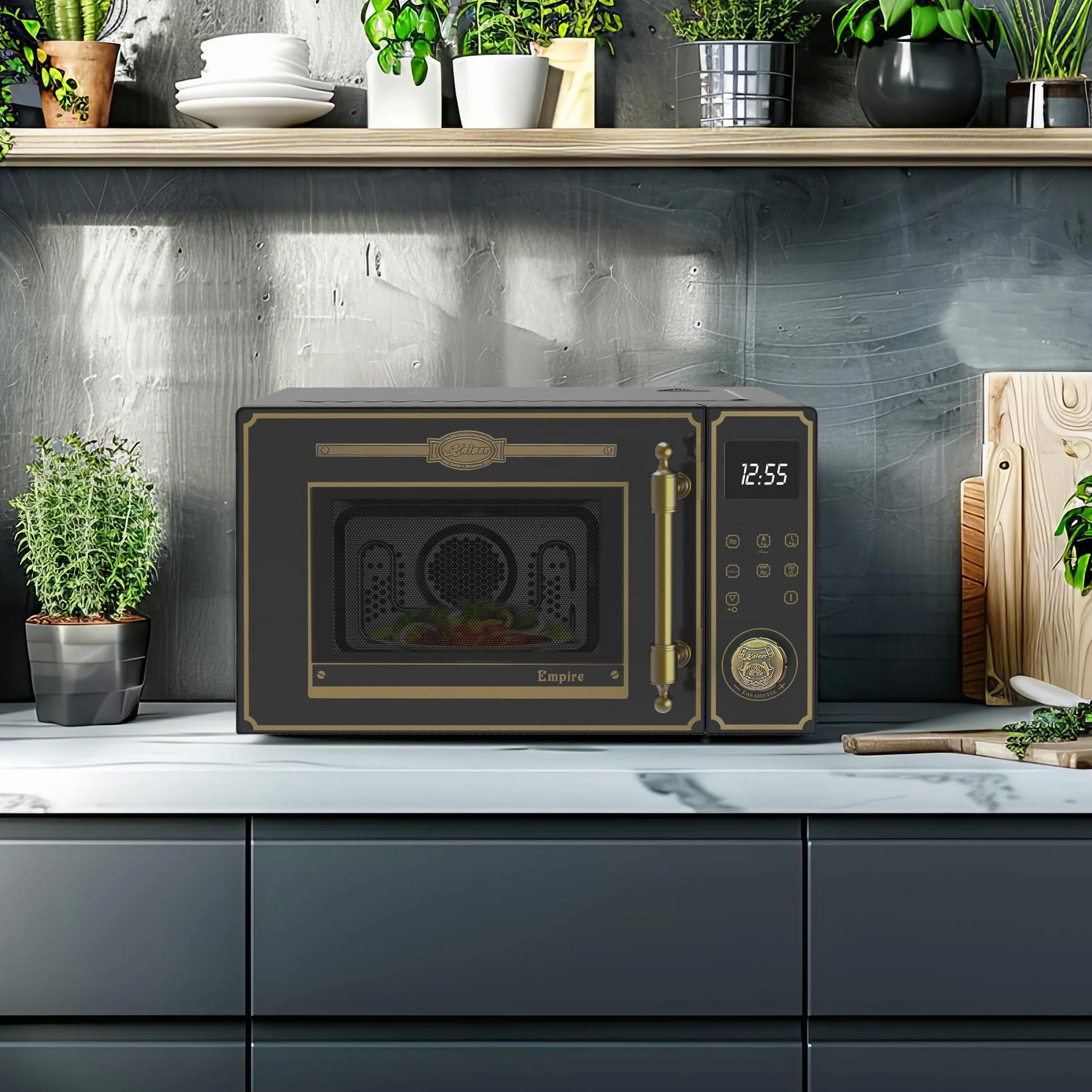 Kaiser Empire M 2530 Four micro-ondes rétro noir 25 l 1200 W barbecue 2200 W chaleur tournant FullTouch verre métal