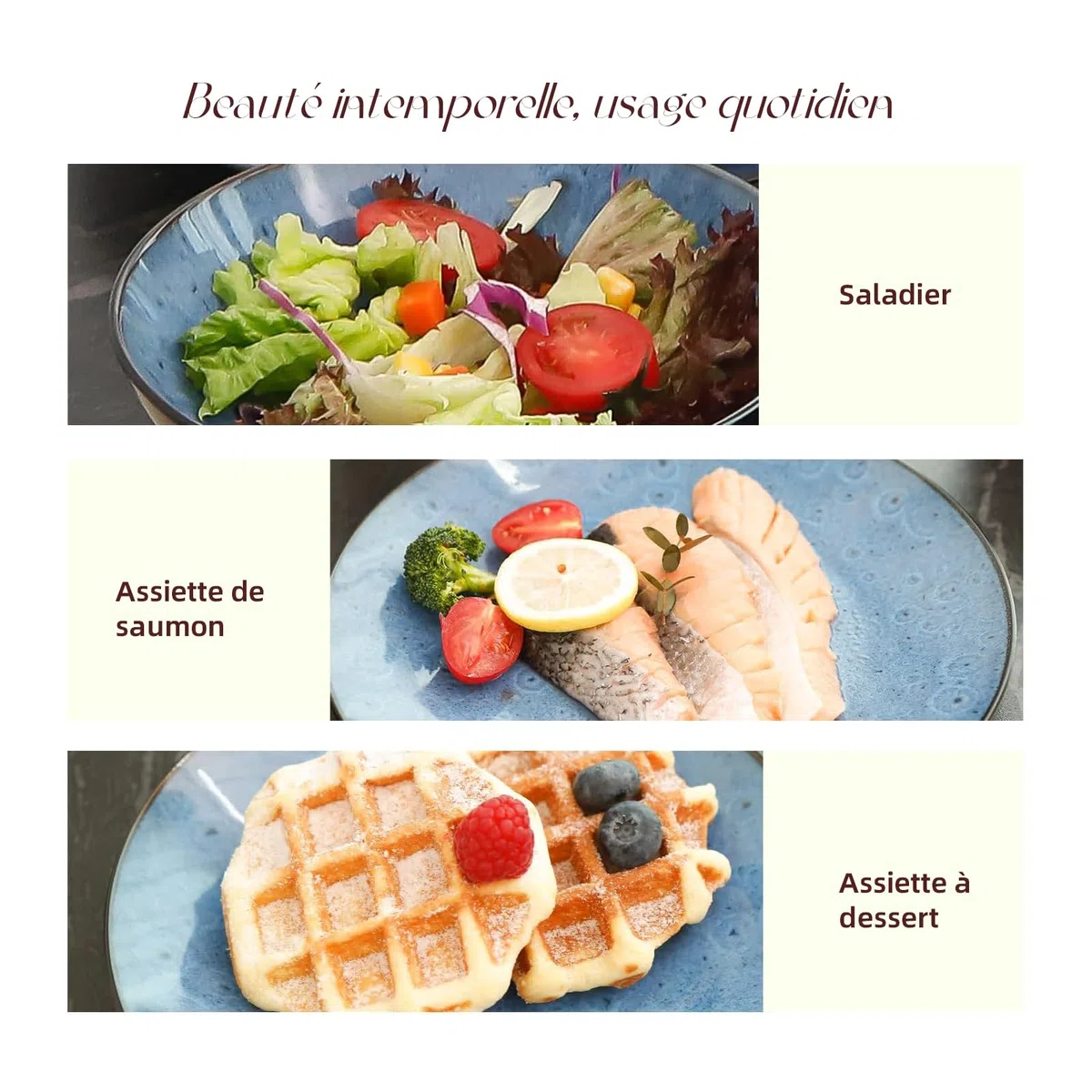 Service de table 16 pièces pour 4 personnes, double bol, assiettes et bols en grès résistant aux rayures, passe au micro-ondes et au lave-vaisselle - Bleu