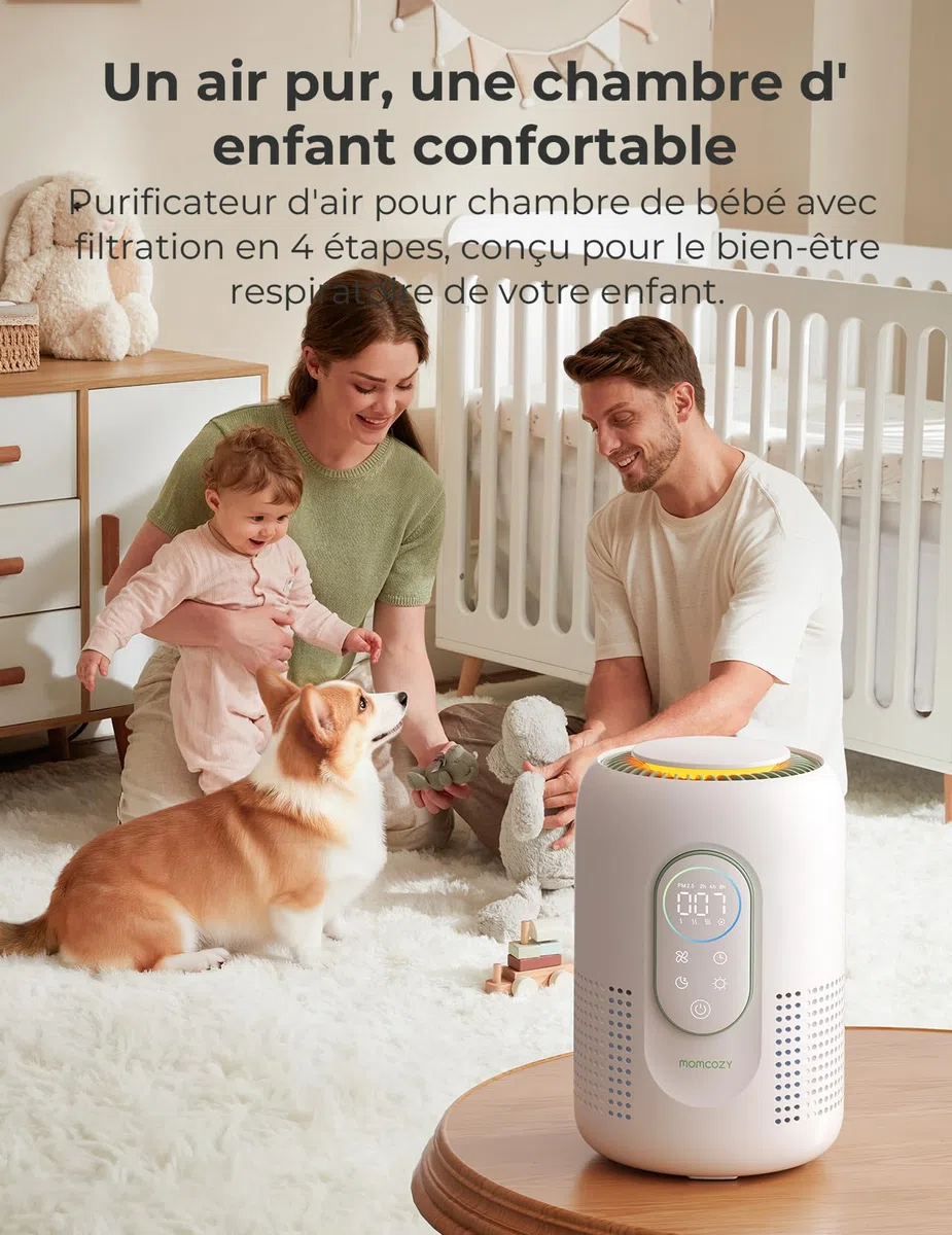 Purificateur d'air pour chambre d'enfant Momcozy, système à 4 filtres, moniteur et écran indiquant en temps réel la qualité de l'air (PM2,5), indication de l'état avec 3 couleurs, veilleuse réglable