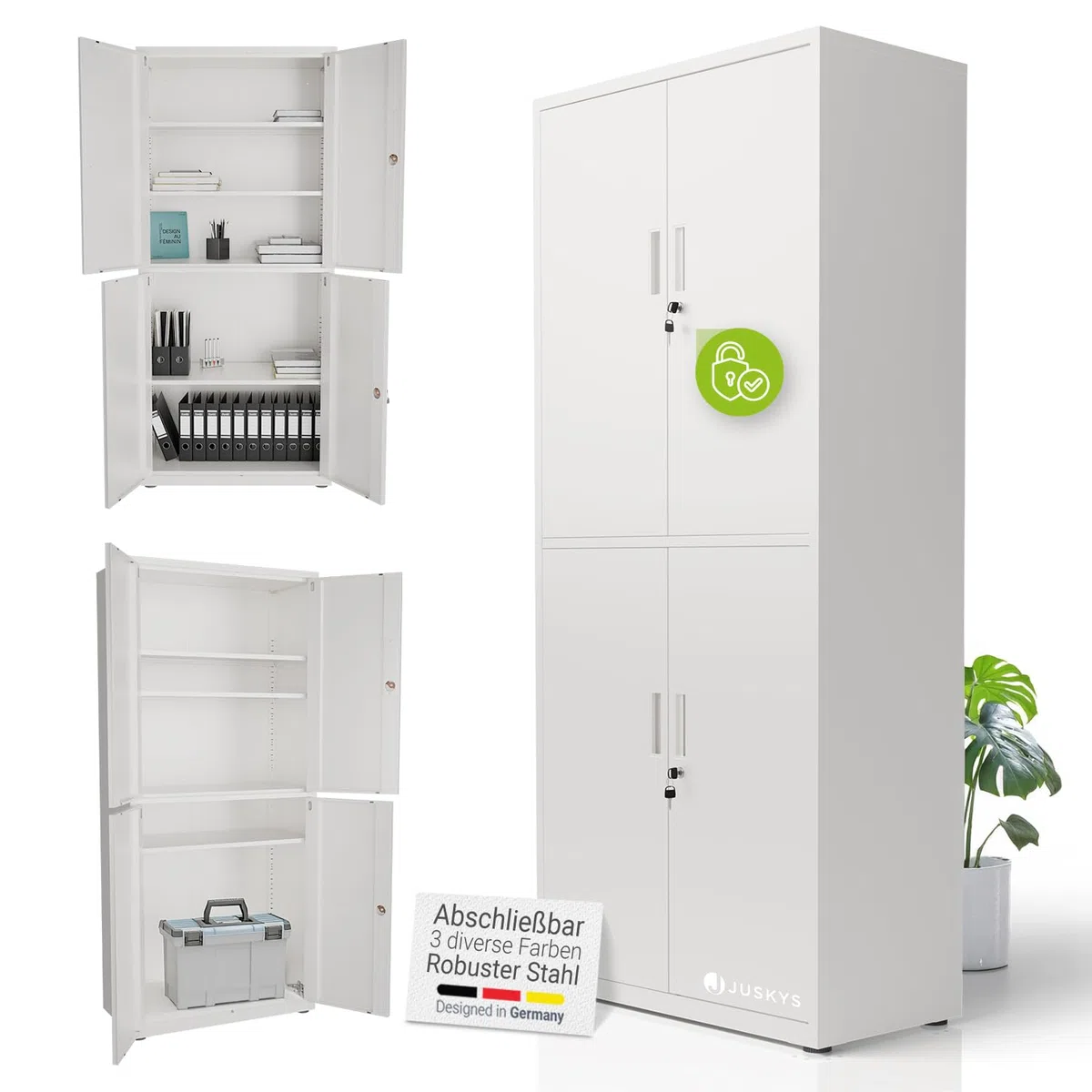 Juskys Armoire de Bureau en métal 180x80x40 cm – Armoire verrouillable en Acier avec 2 Portes, 3 étagères réglables & Pieds Ajustables – Blanc