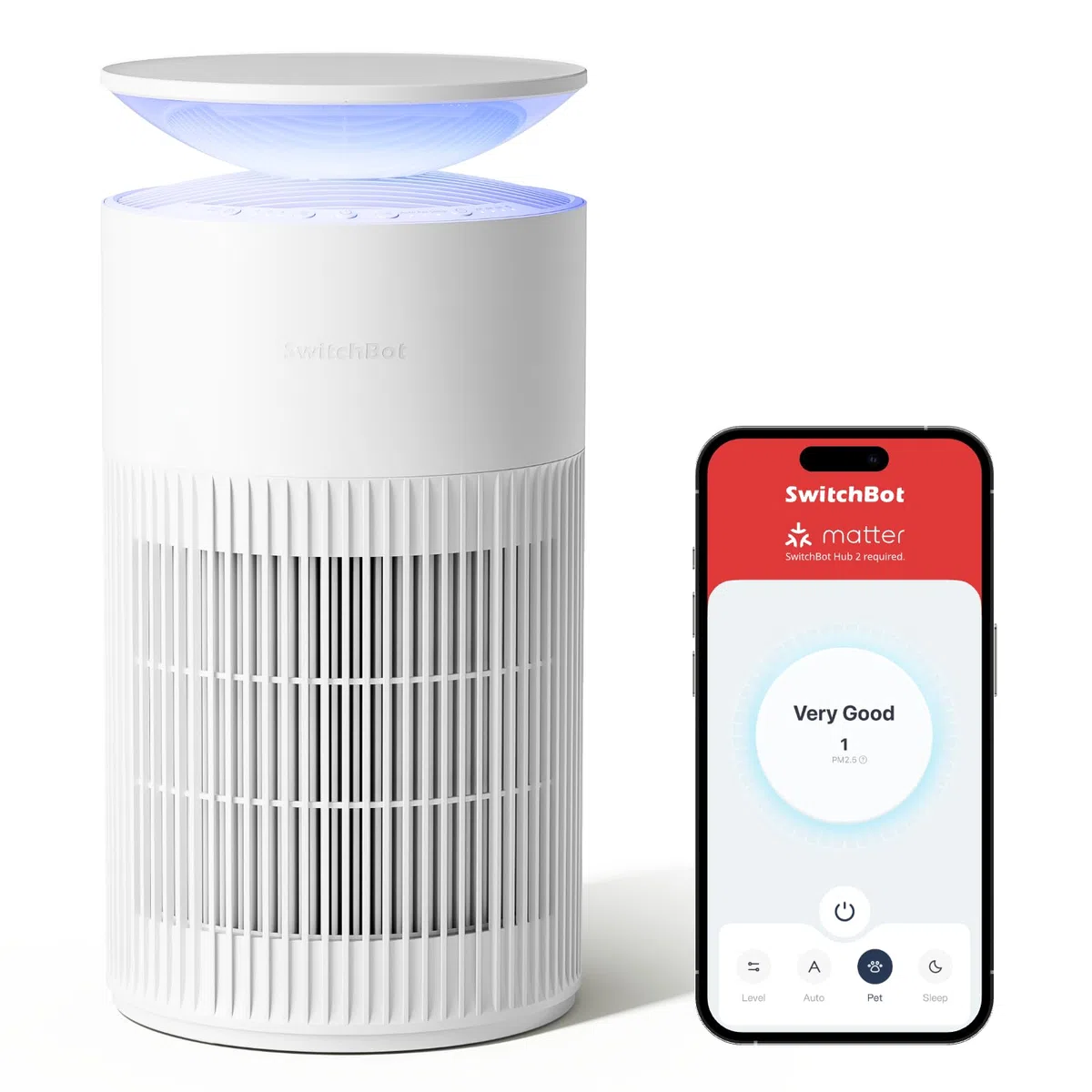 SwitchBot Purificateur D'air Avec Application Et Veilleuse, CADR 400m³/h, Jusqu'à 83㎡, Filtre HEPA Élimine 99.97% Moisissures Poussières, Mode Sommeil 20dB, Blanc Standard