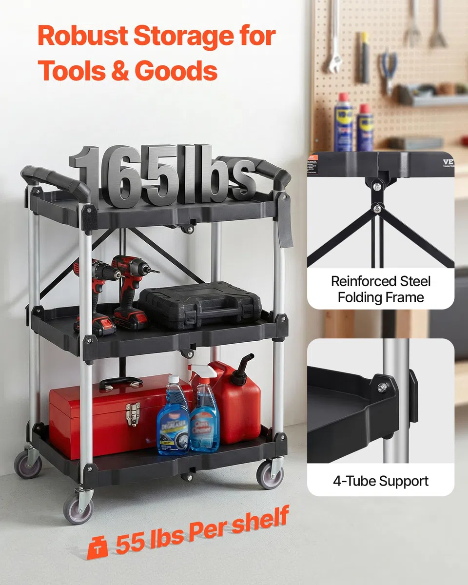 VEVOR Chariot de Service 65x39x83 cm Chariot de Transport Utilitaire Pliable 3 Étagères Capacité Totale 74,8 kg​ 25 kg​/Étagère Roues Pivotantes (2 avec Freins) pour Outils de Garage Entrepôt Bureau