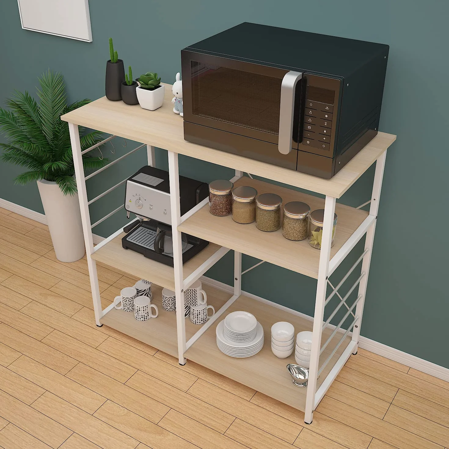 DlandHome Etagères de Cuisine pour Le Stockage, Meuble Rangement Desserte de Cuisine avec 3+3 Tablettes pour Micro-Ondes, Four, Outils de Cuisine, 90L * 39W * 83H cm Érable