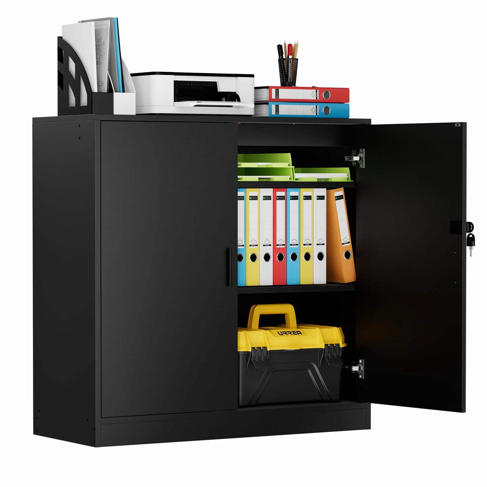 Armoire de Bureau, Meuble Rangement Bureau Fermant à clé, Armoire de Rangement pour Garage Salon Chambre Buffet Imprimante Papier Administratif avec 2 Porte, Placages Réglables, Noir