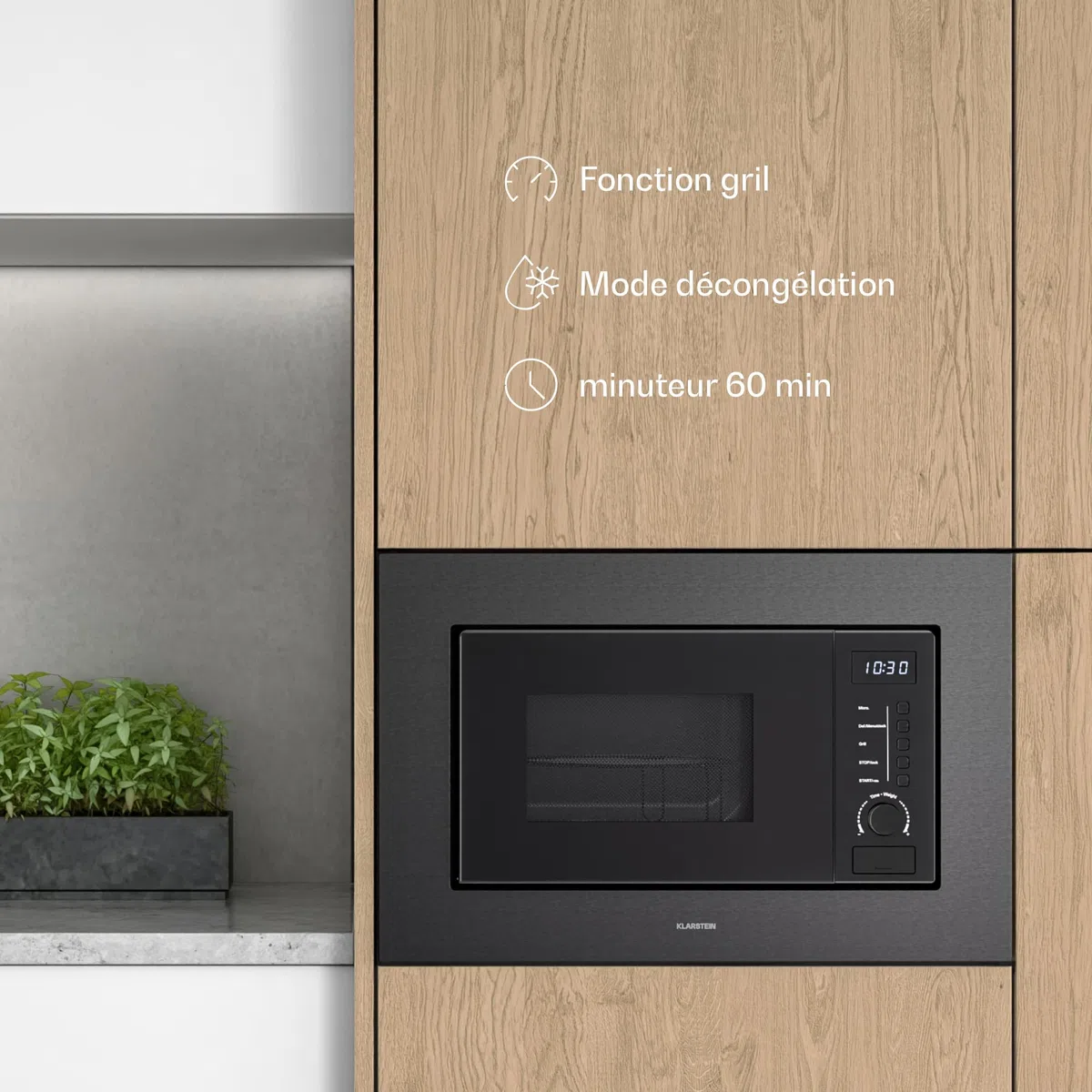 Klarstein Verosteel Micro Onde Encastrable avec Grill – 20L, 700W, 8 Programmes, Commande Tactile, Acier Inox, Plateau Verre, Four Micro Ondes Encastrable, Acier Inoxydable Noir